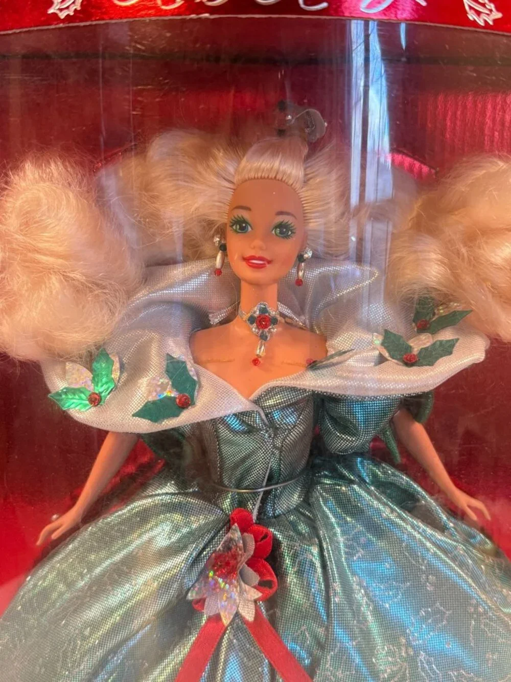 Vintage 1995 Christmas Barbie Happy Holidays Green Dress READ